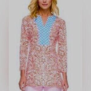 J. McLaughlin Cotton 3/4 Sleeve Tunic in Leafy Floral Print, EUC, Sz. M